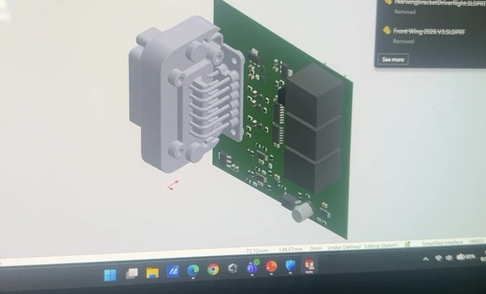 CAD model showing connector interface and printed circuit board